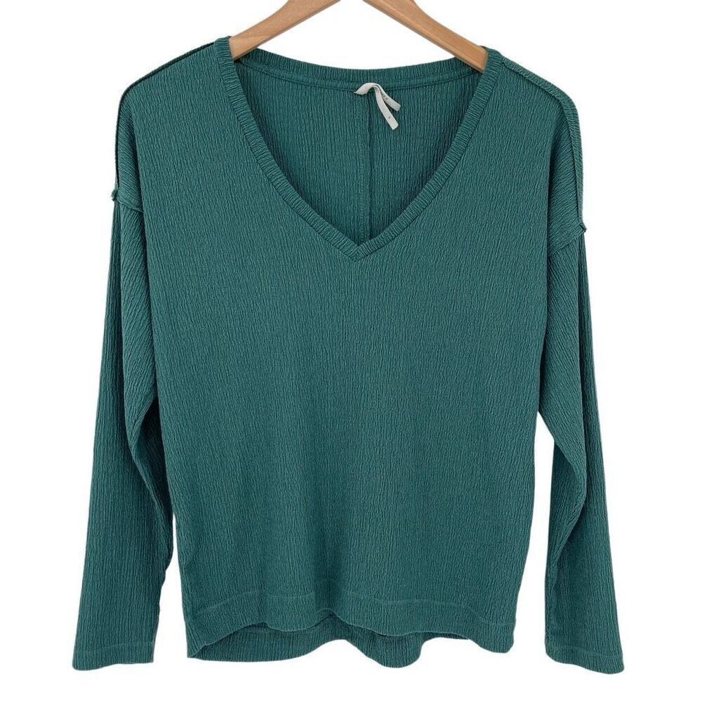 By Anthropologie Textured Crepe‎ V-Neck Long Sleeve Top Green Women Small